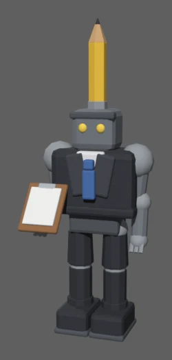 The Pencil Pusher cog, a robot with a pencil for a head.