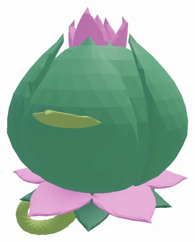 A Whimsy World buddy, a round green companion with petals.
