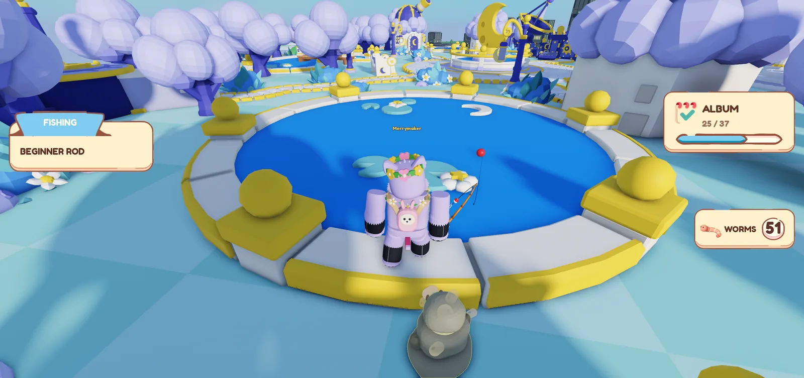 A player fishing at the Moonmallow pond in Whimsy World.