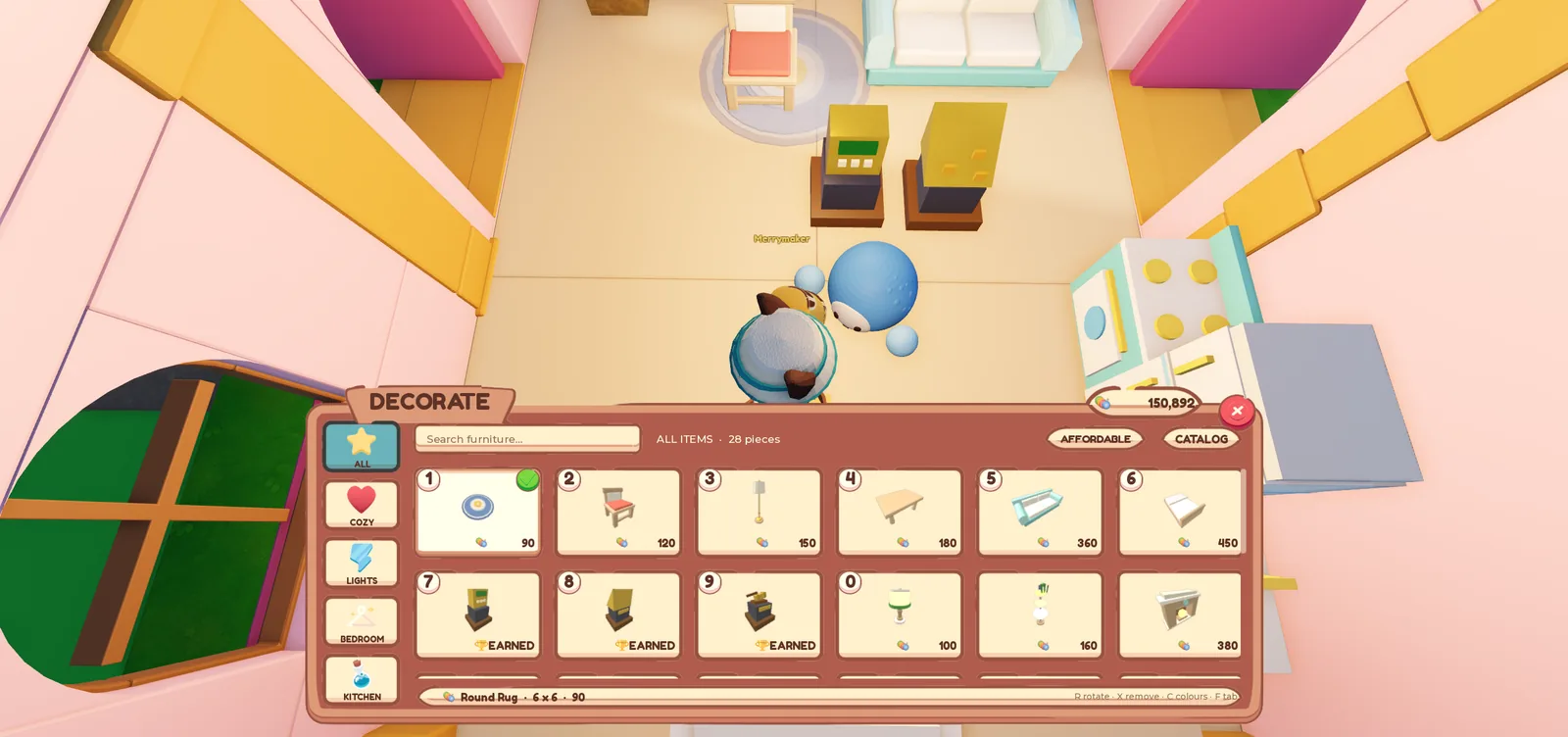 Decorate mode open inside a Whimsy World home, with the furniture tray along the bottom.