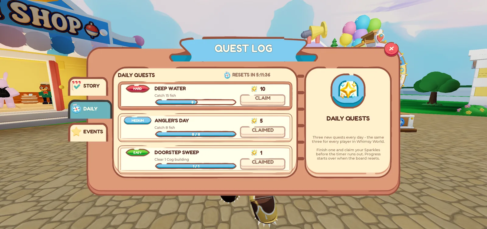 The Whimsy World quest log, open on the daily quests tab.