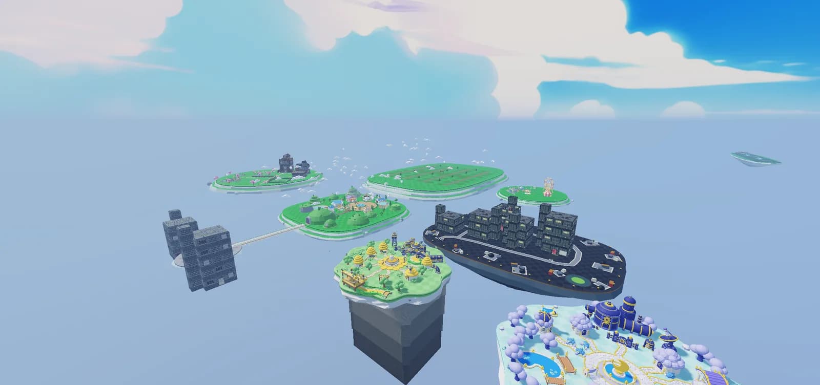 The Whimsy World islands floating above the sea.