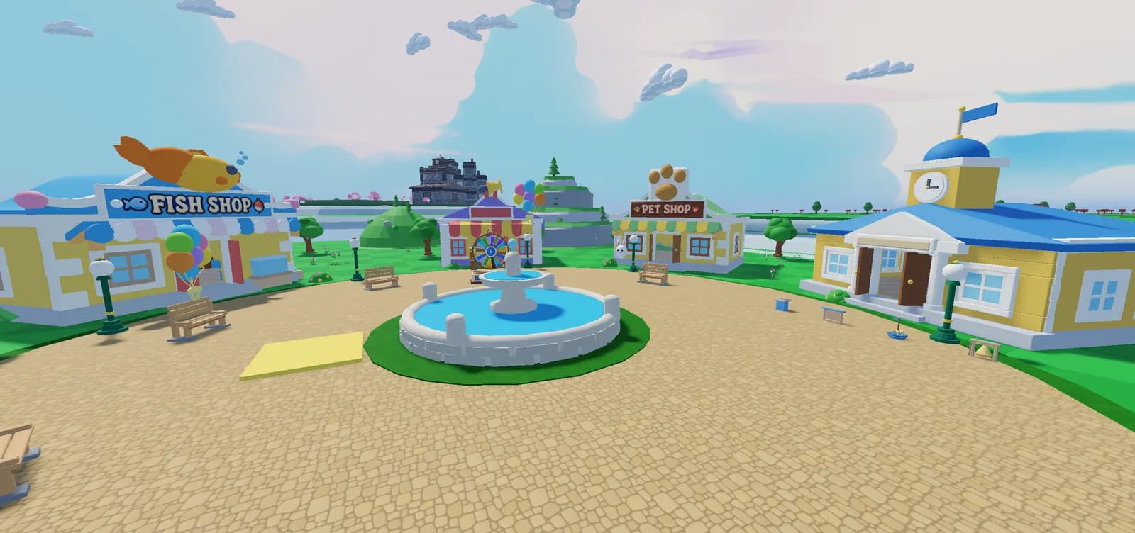Button Plaza in Whimsy World, with its fountain and the shops around it.