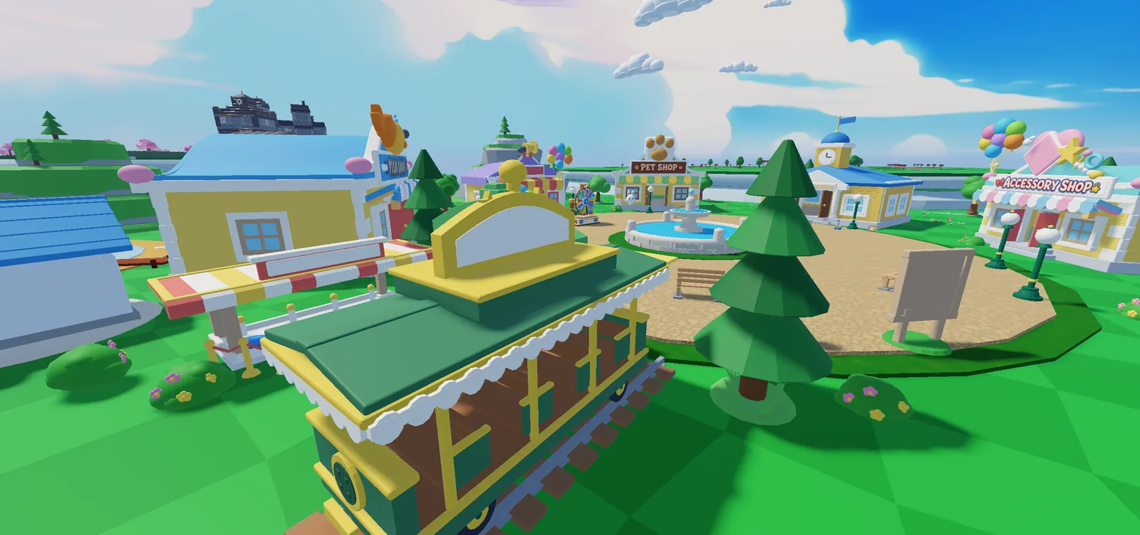 The Whimsy World trolley on its track, with Button Plaza behind it.